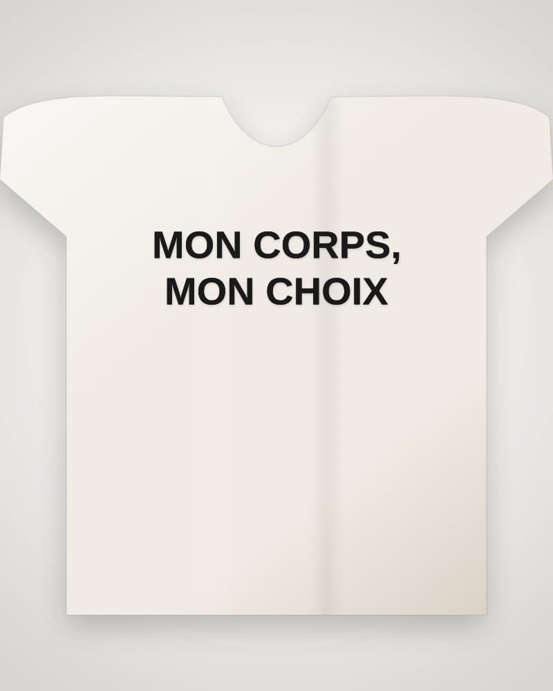 Photo d'un t-shirt unisexe ecru avec le slogan Mon Corps, Mon Choix imprimé en noir.